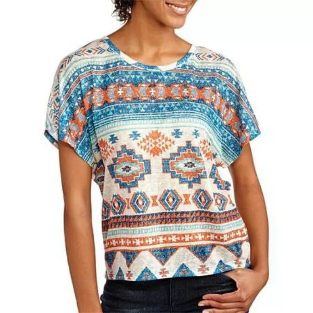 No Boundaries Tribal Print Dolman Top Blue Lace Back Coral Orange Medium M